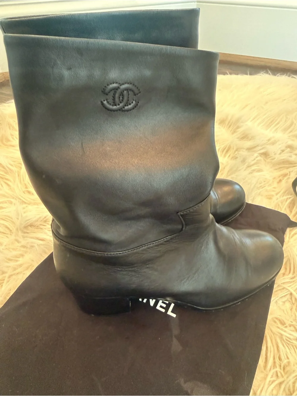 CHANEL Black Leather Mid-Calf Block Heel Boots